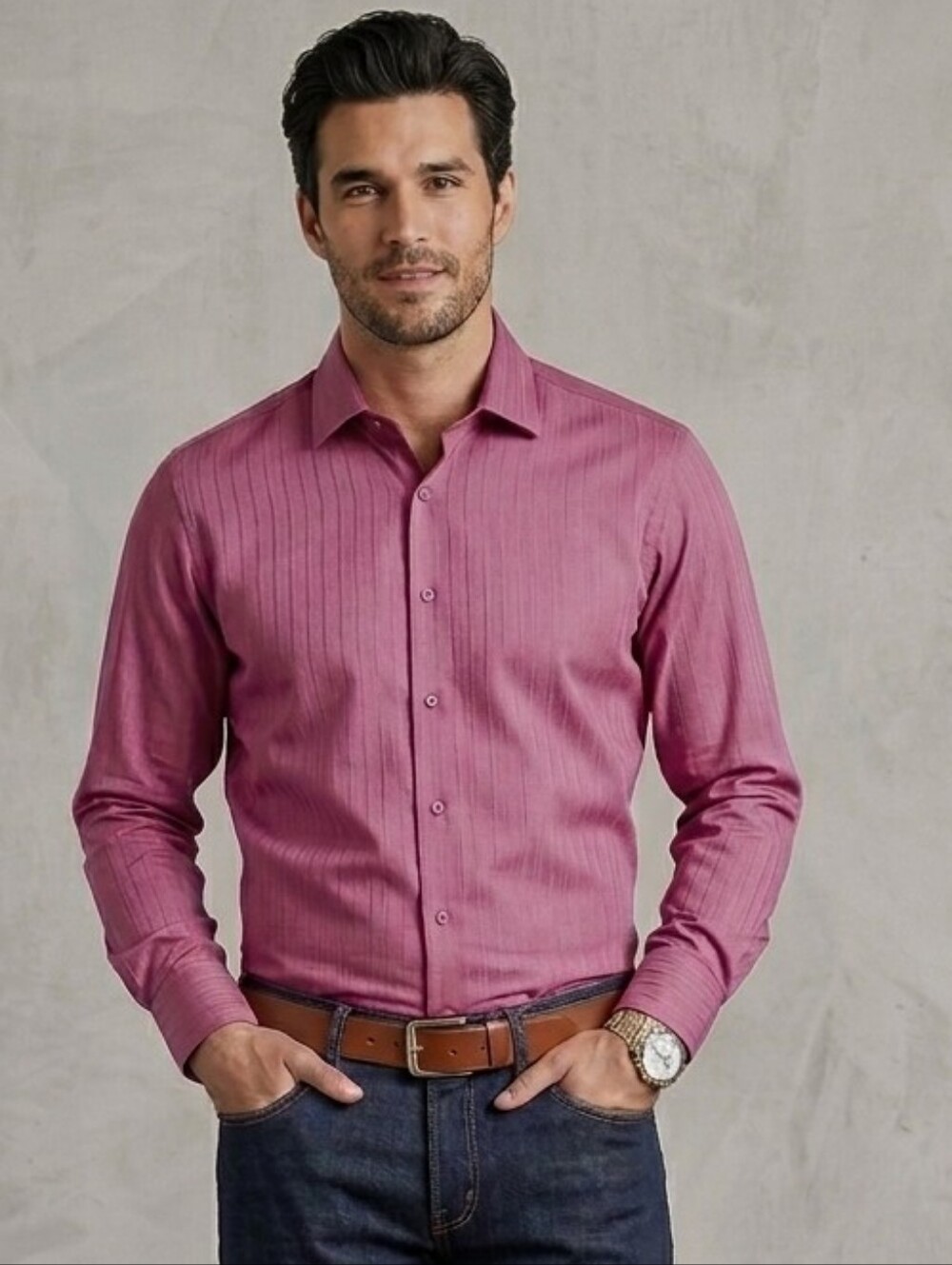 Men's Dusty Rose Textured Stripe Dress Shirt